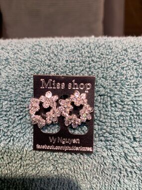 Miss Shop Silver Crystal Floral Stud Earrings by Vy Nguyen